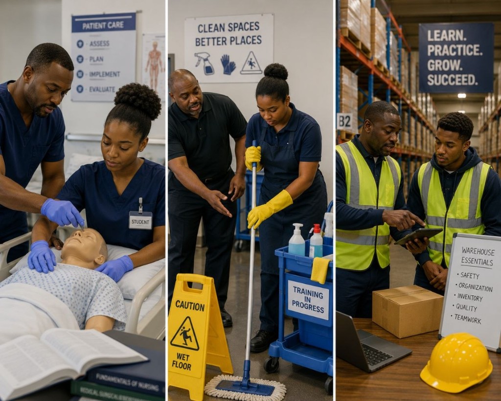 Hands-on training in healthcare, cleaning, and logistics