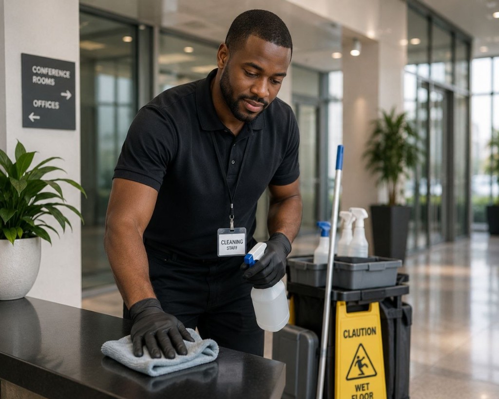 Professional cleaner maintaining a commercial space