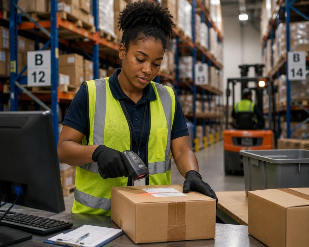 Warehouse worker managing inventory in a logistics facility