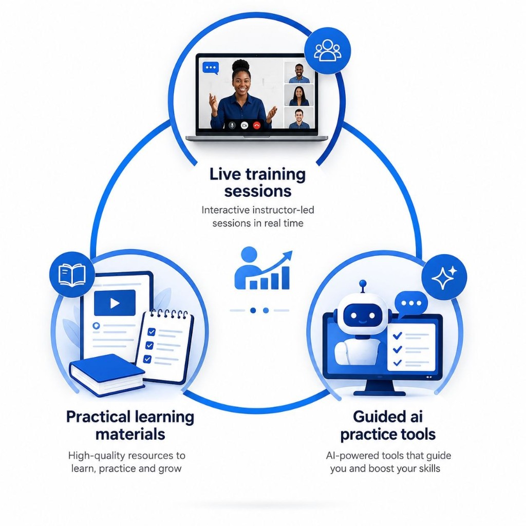 Live training sessions, practical learning materials, and guided AI practice tools
